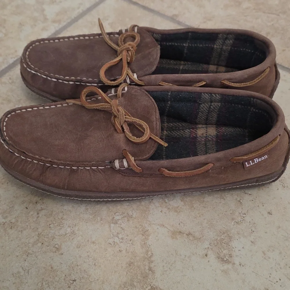 NWOT L.L.Bean Men's Handsewn Brown Leather Flannel-Lined Slippers Size 8​​